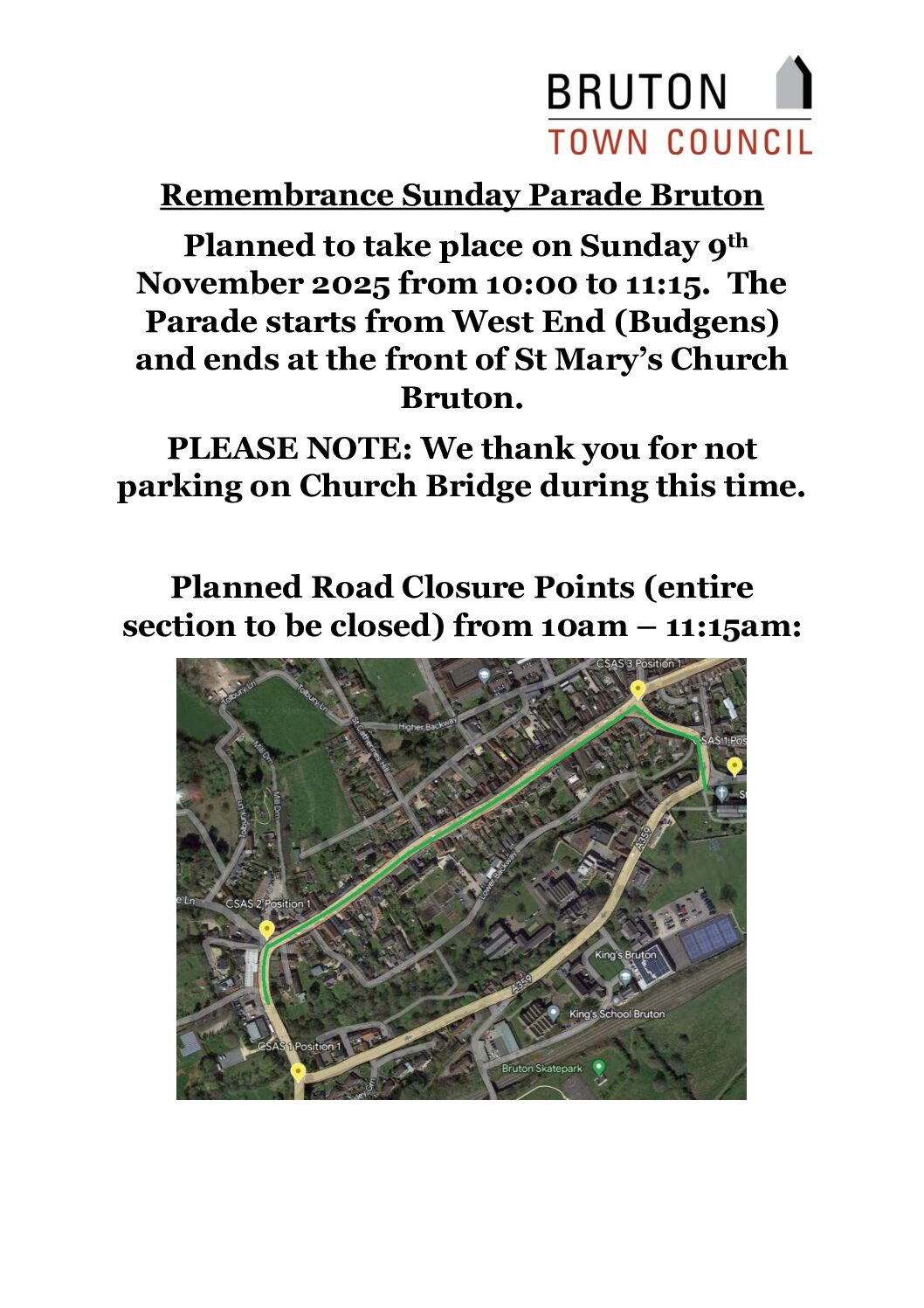 Bruton Remembrance Parade Sunday 9th November 2025